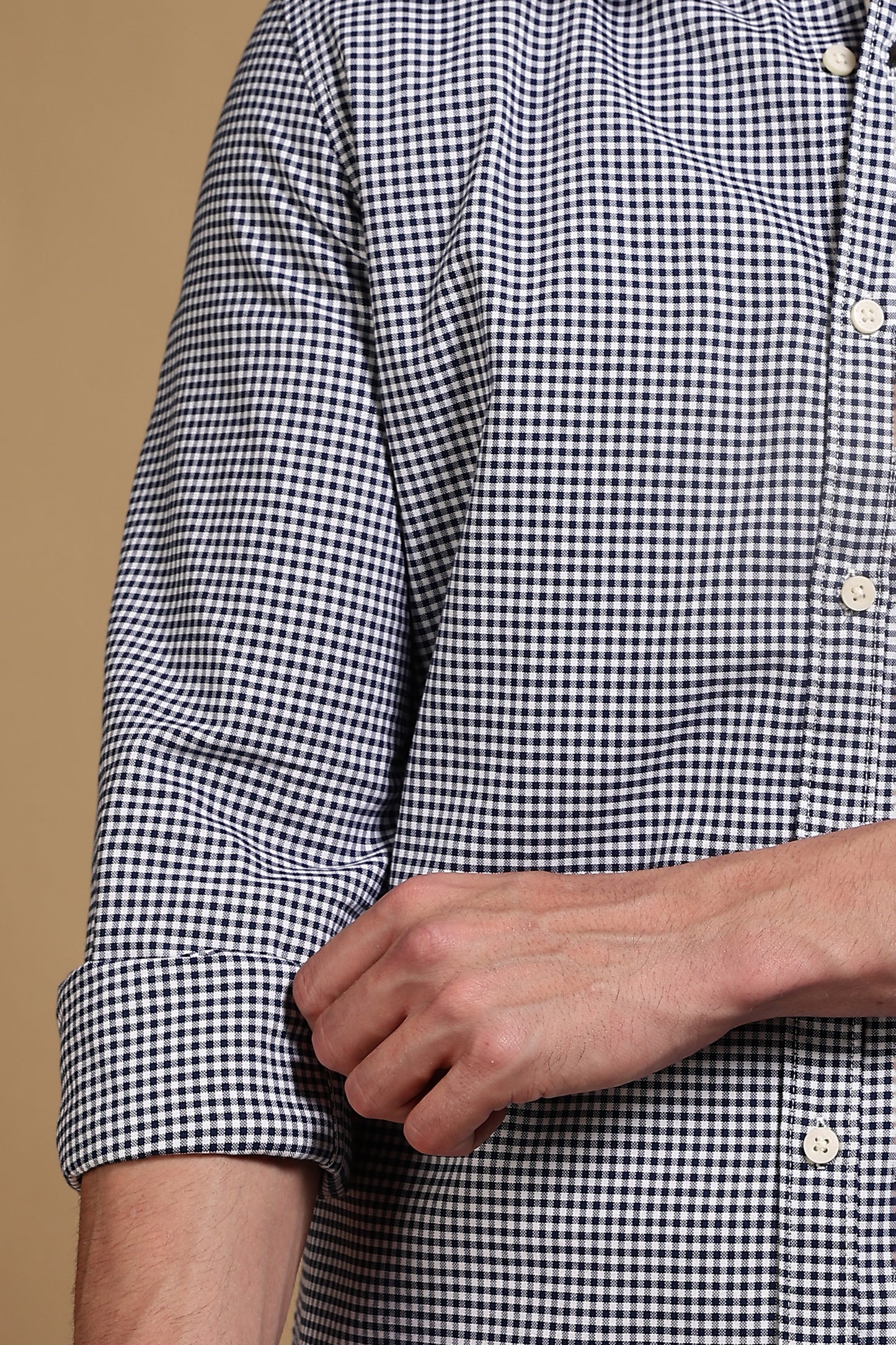 Cotton Oxford Slim Fit Mini Checks Shirt Dk Blue