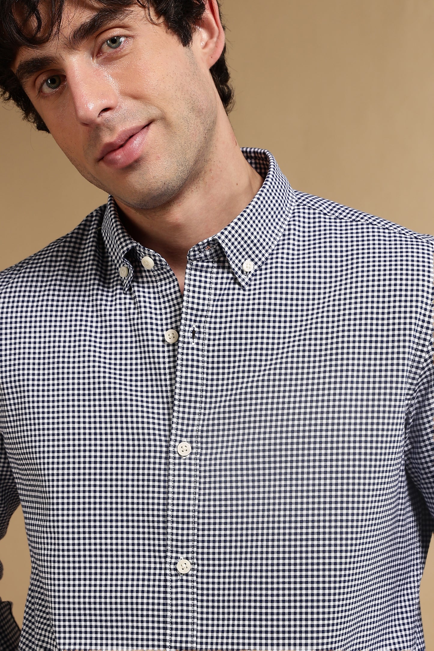Cotton Oxford Slim Fit Mini Checks Shirt Dk Blue