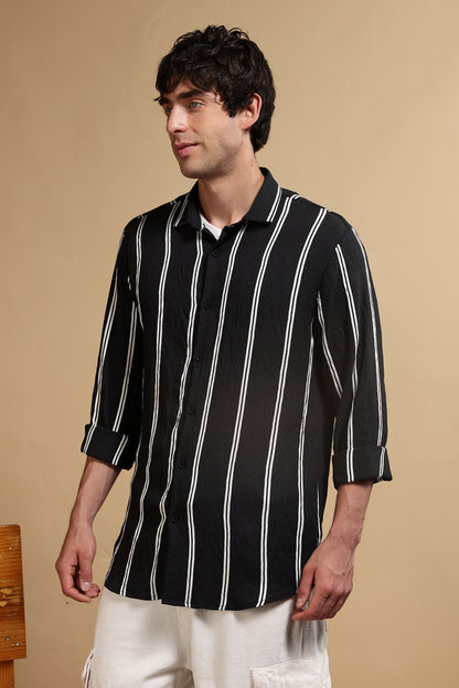 White & Black Slim Fit Striped Shirt
