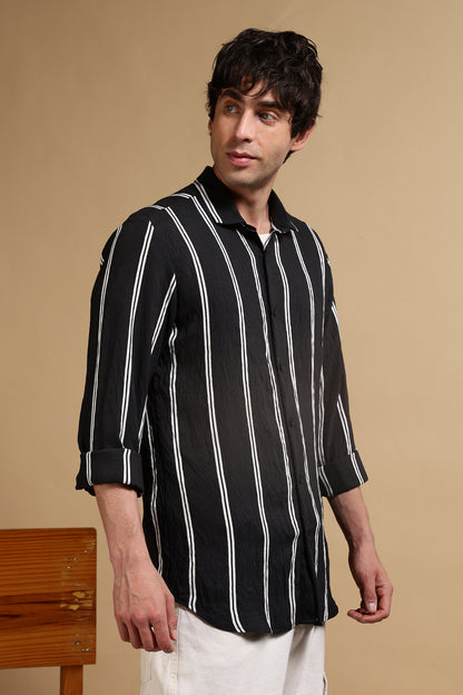 White & Black Slim Fit Striped Shirt