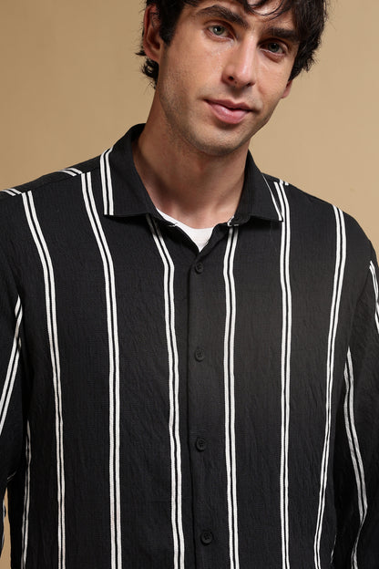 White & Black Slim Fit Striped Shirt