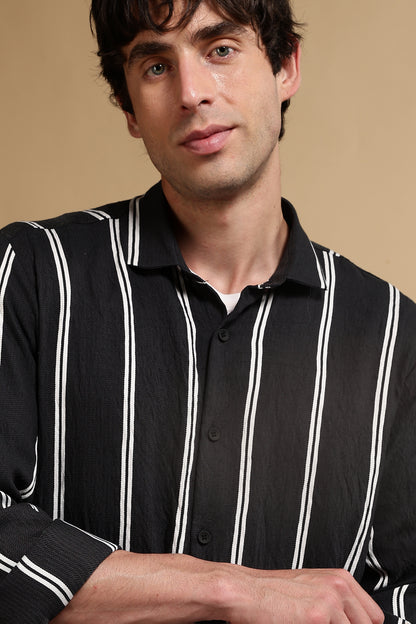 White & Black Slim Fit Striped Shirt