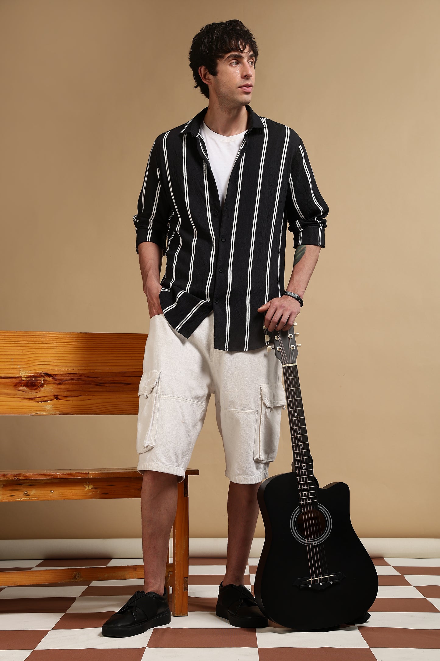 White & Black Slim Fit Striped Shirt Black 2
