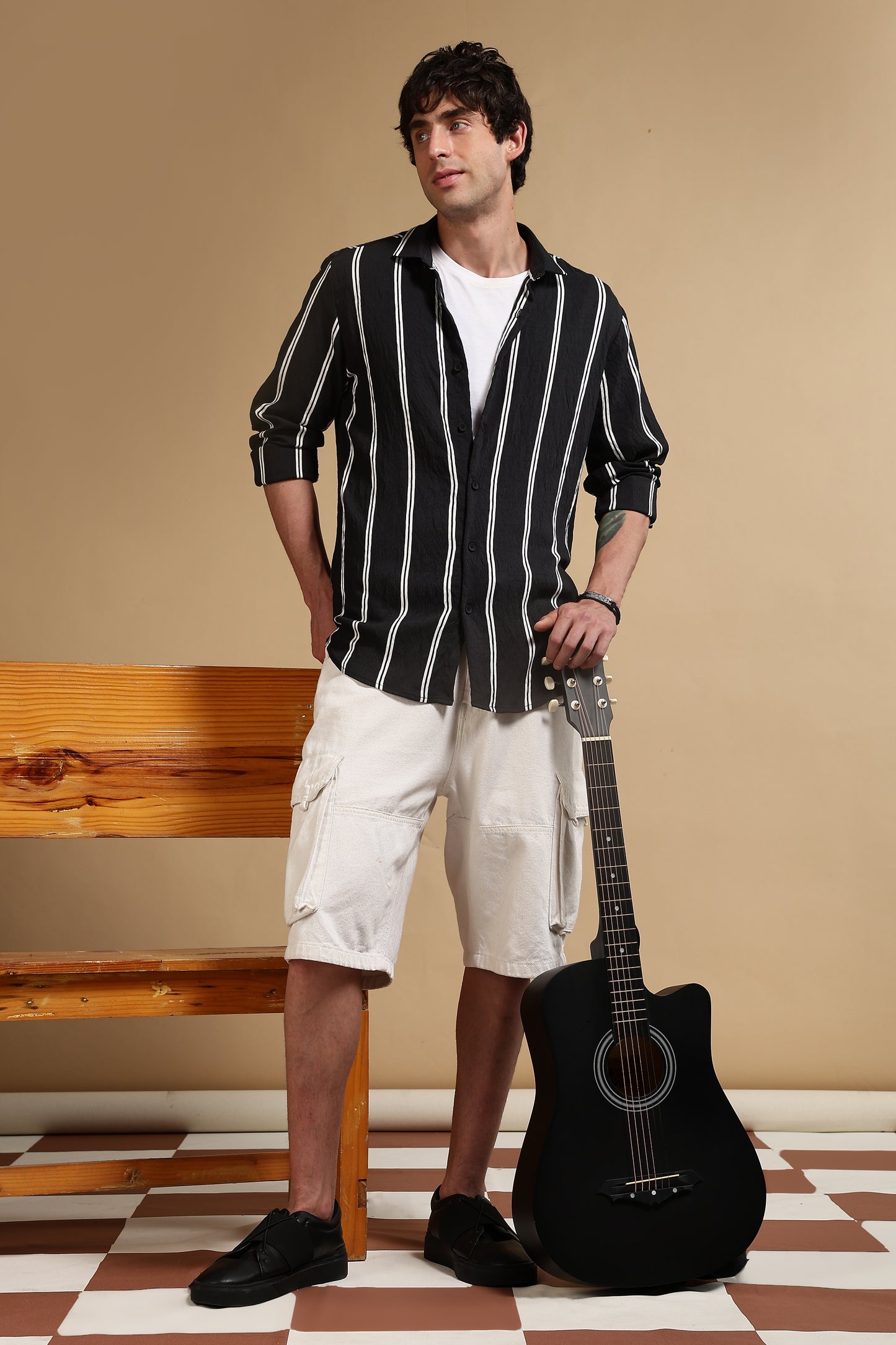 White & Black Slim Fit Striped Shirt Black 2