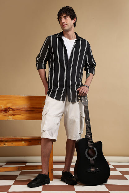 White & Black Slim Fit Striped Shirt