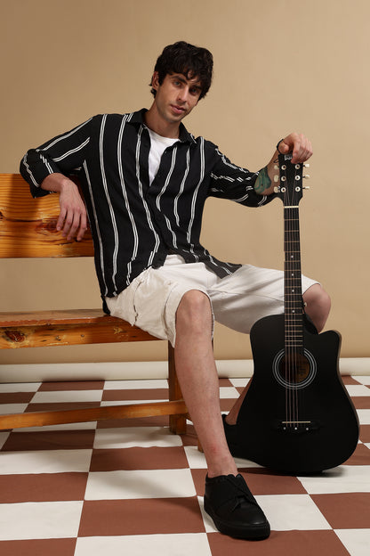 White & Black Slim Fit Striped Shirt