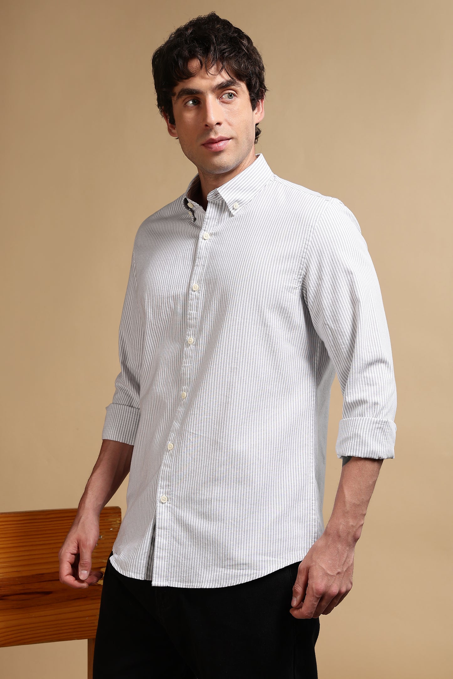 100% Cotton Oxford Slim Fit Striped Shirt Grey