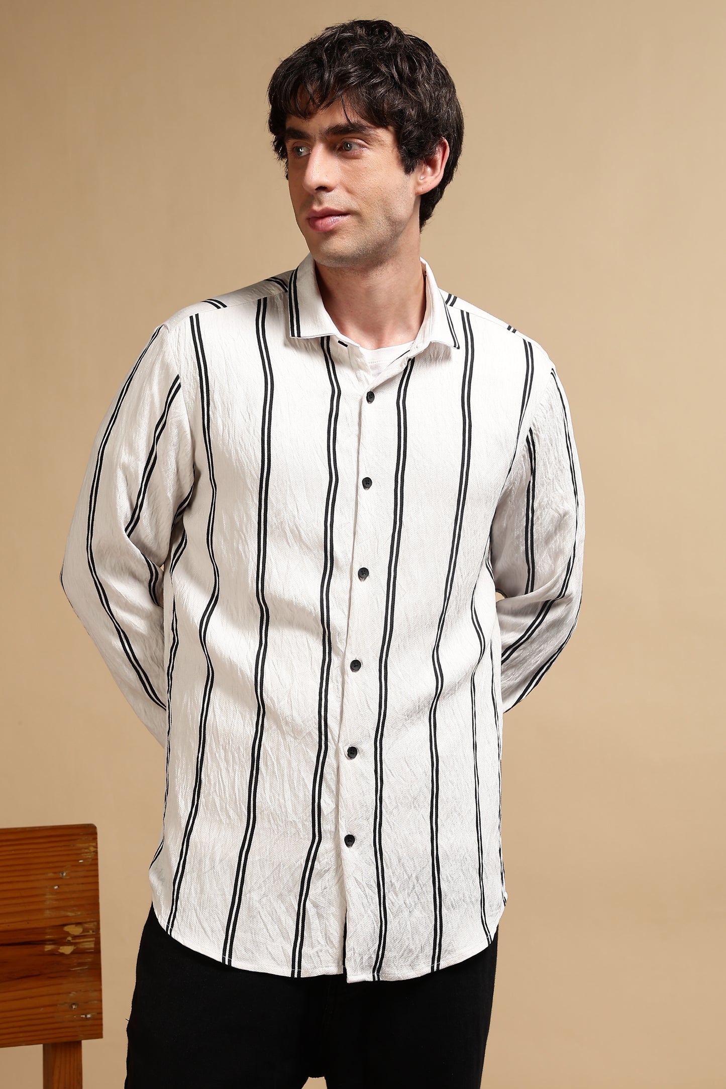 White & Black Slim Fit Striped Shirt White 1