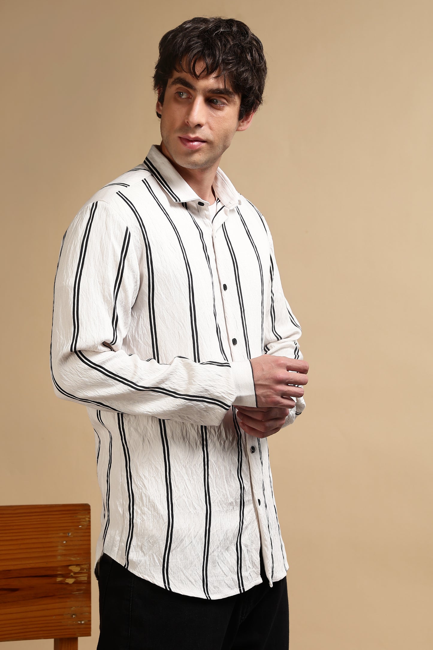 White & Black Slim Fit Striped Shirt White 1