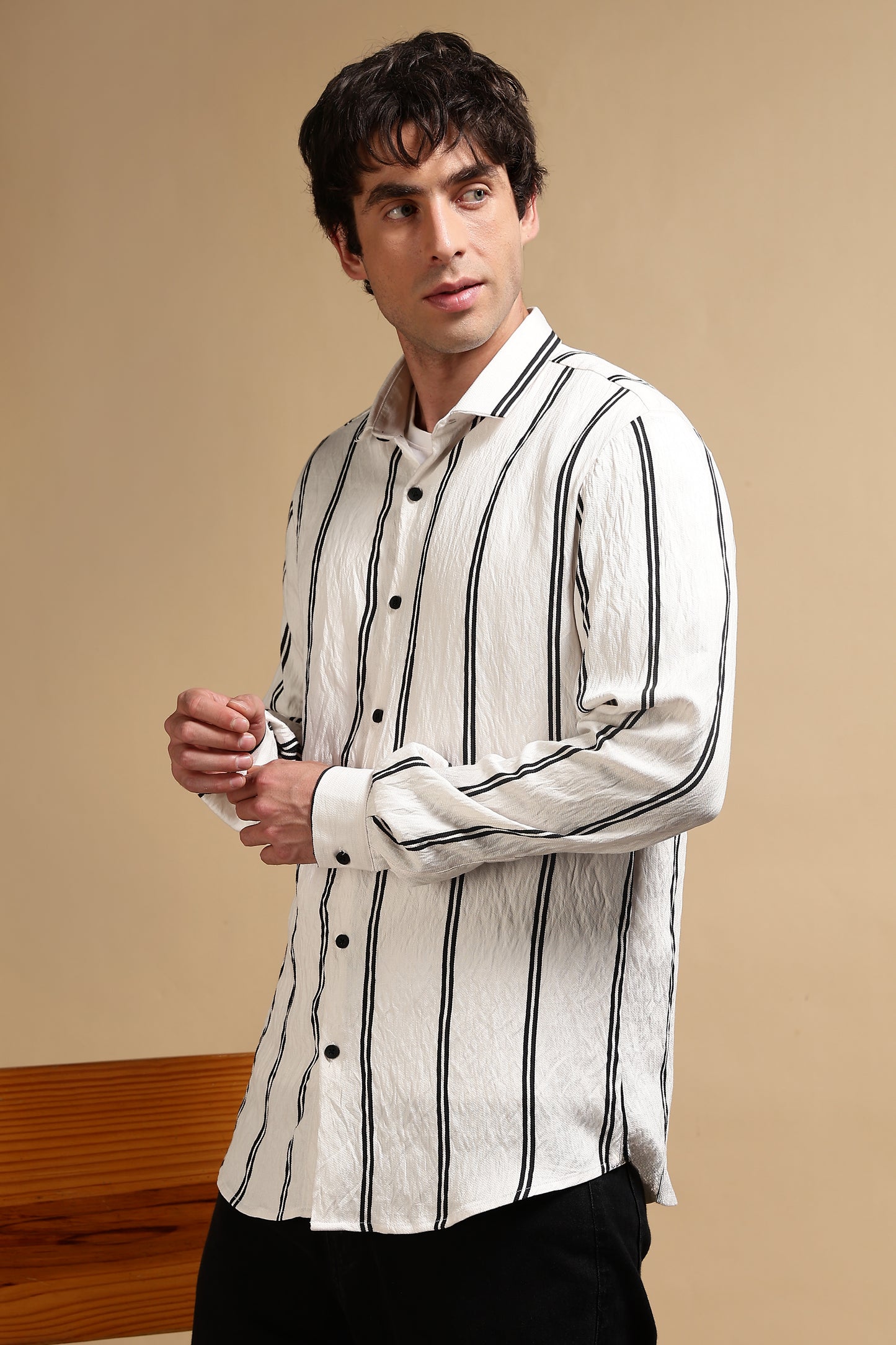 White & Black Slim Fit Striped Shirt White 1