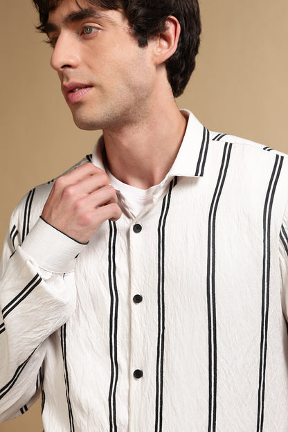 White & Black Slim Fit Striped Shirt