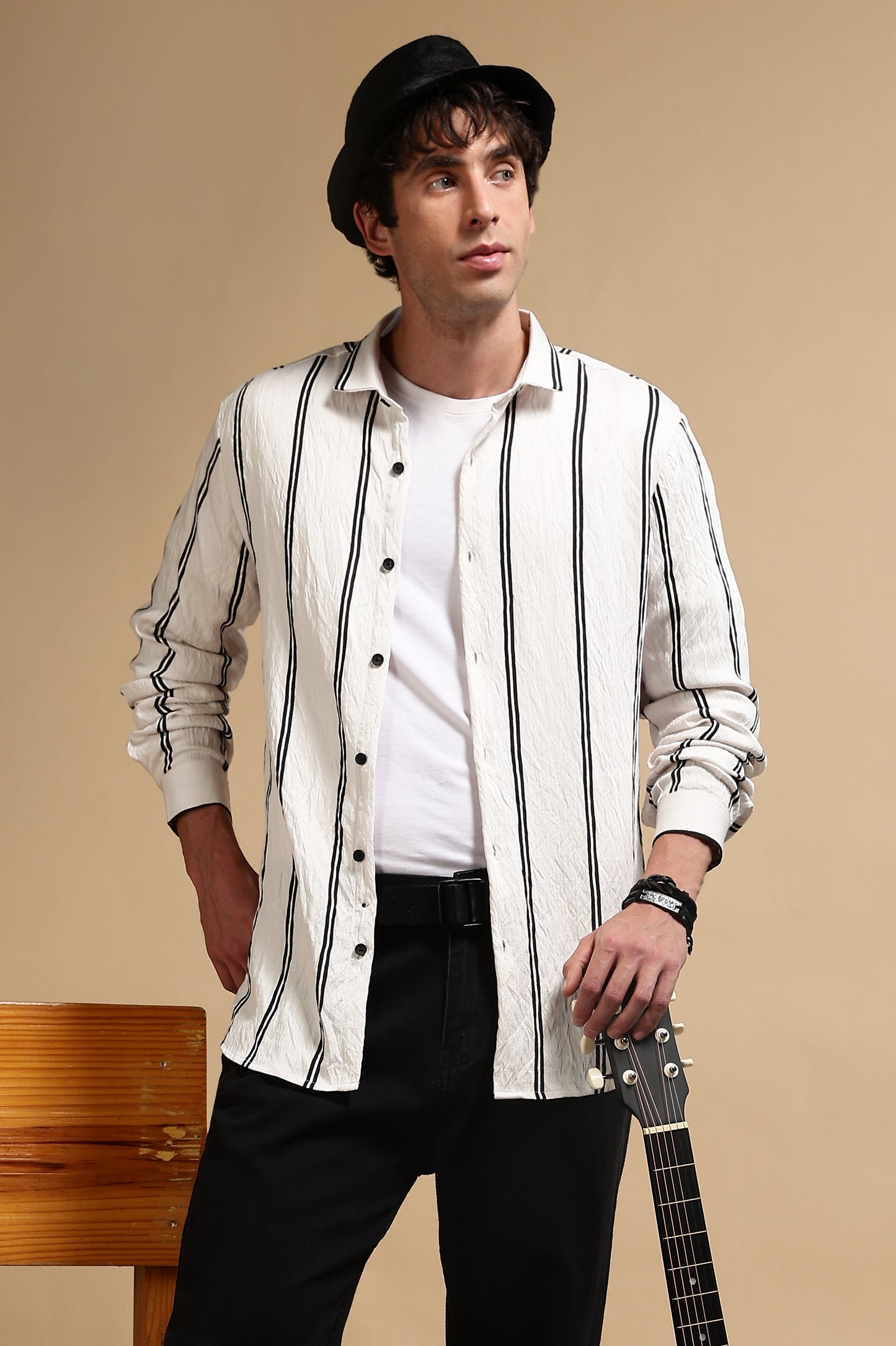 White & Black Slim Fit Striped Shirt White 1
