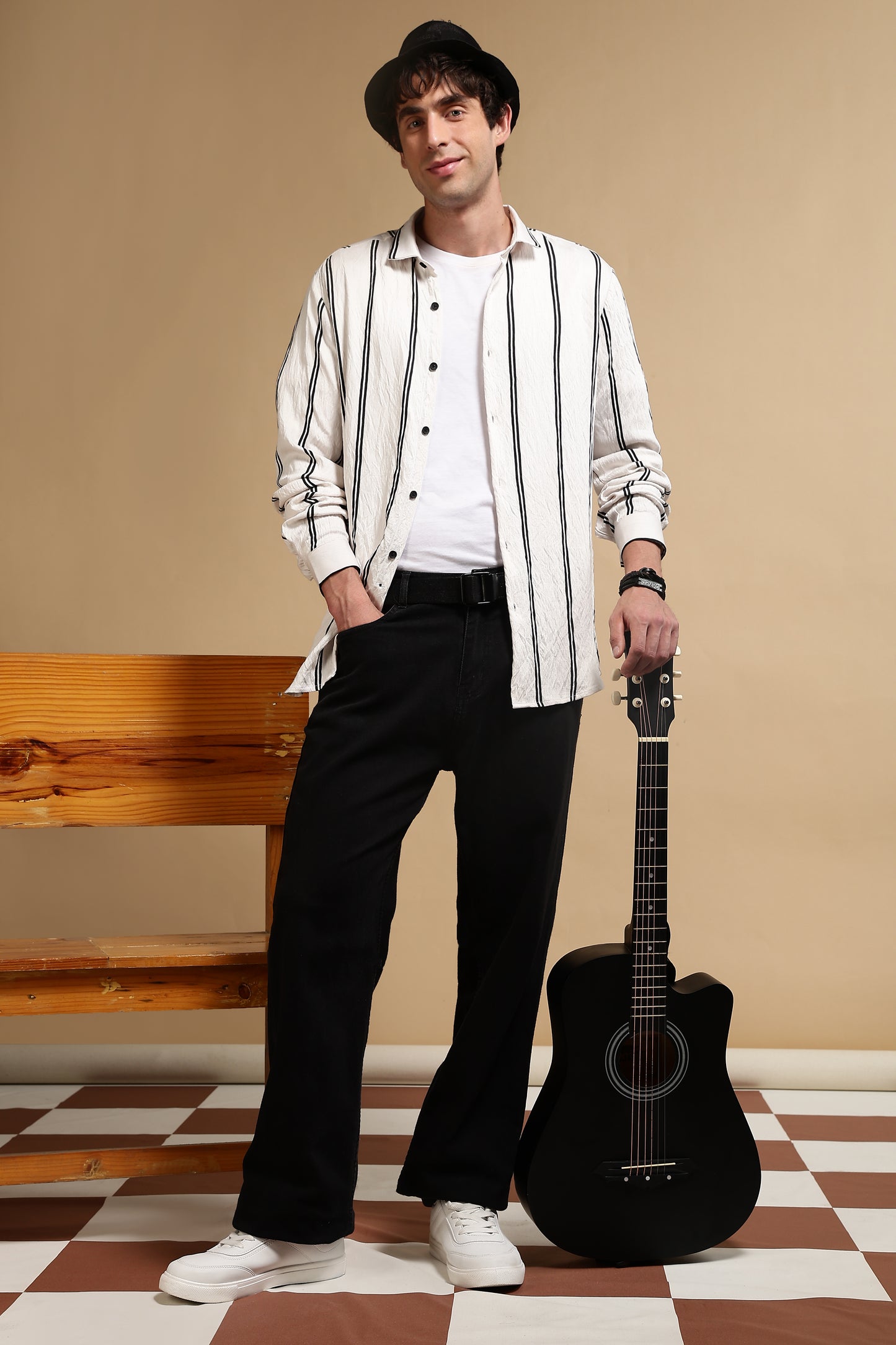 White & Black Slim Fit Striped Shirt White 1
