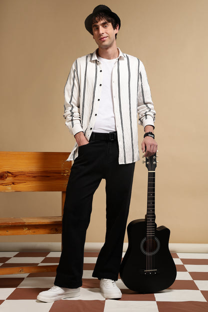 White & Black Slim Fit Striped Shirt