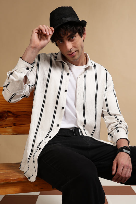White & Black Slim Fit Striped Shirt White