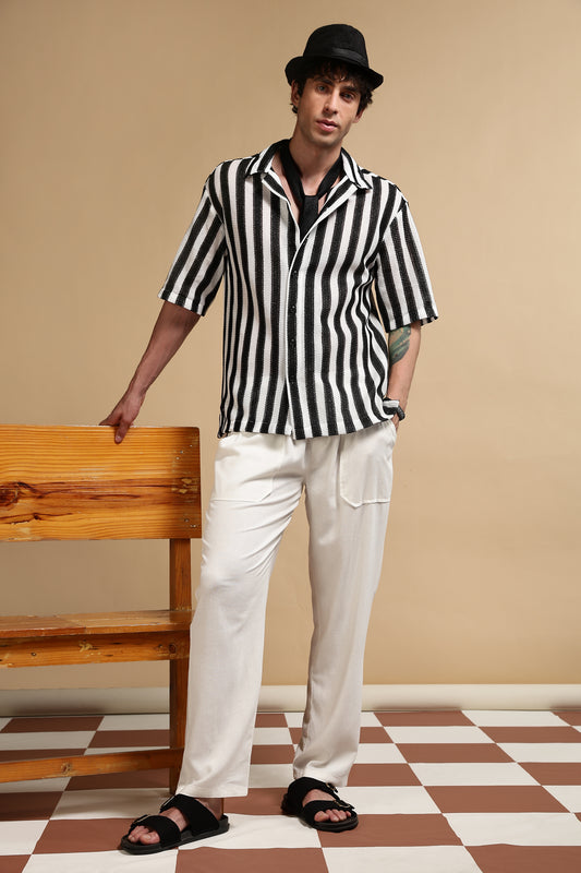 Linen Blend Loose Fit Drawcord Trousers White