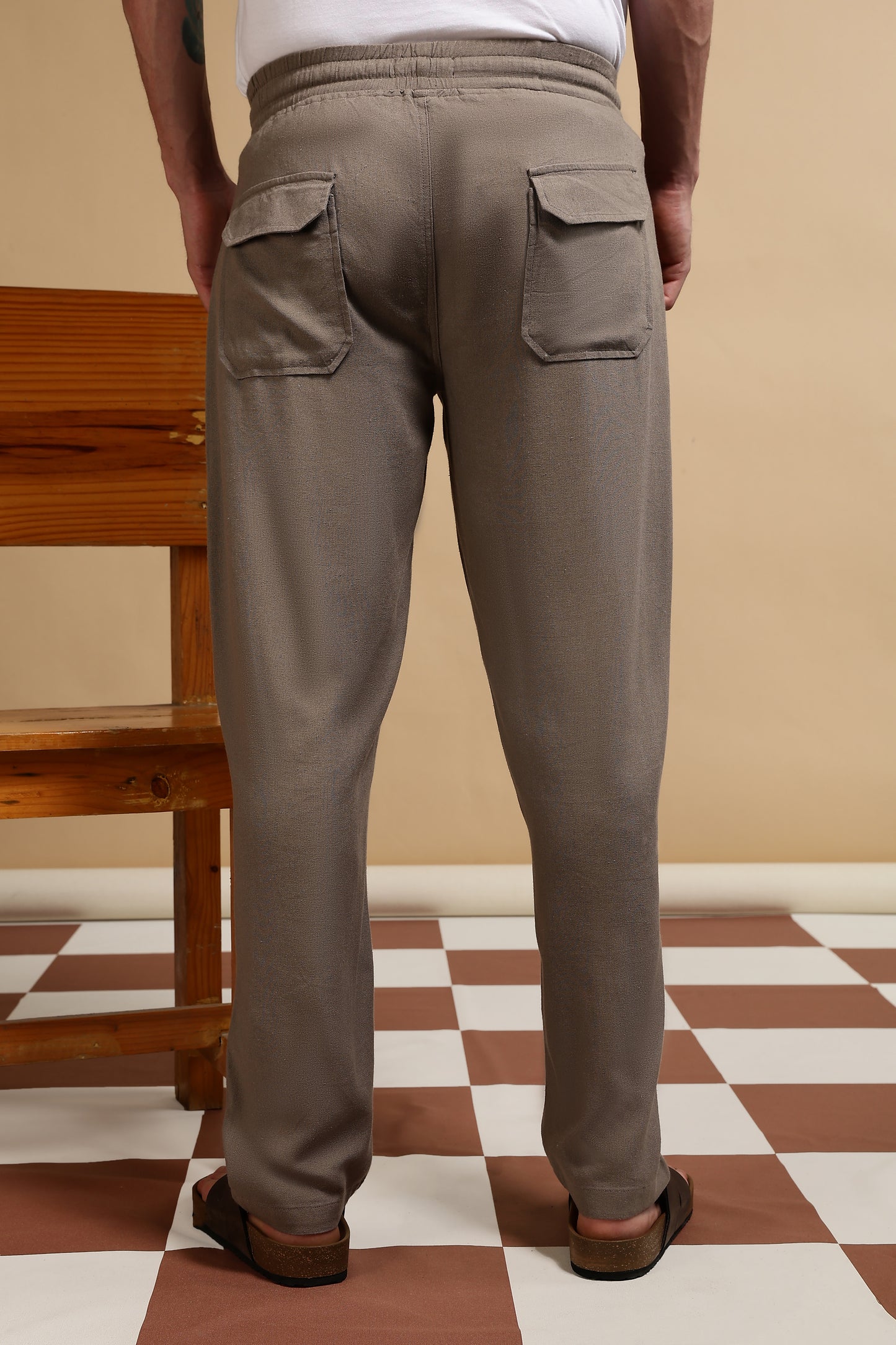 Linen Blend Loose Fit Drawcord Trousers Lt Brown