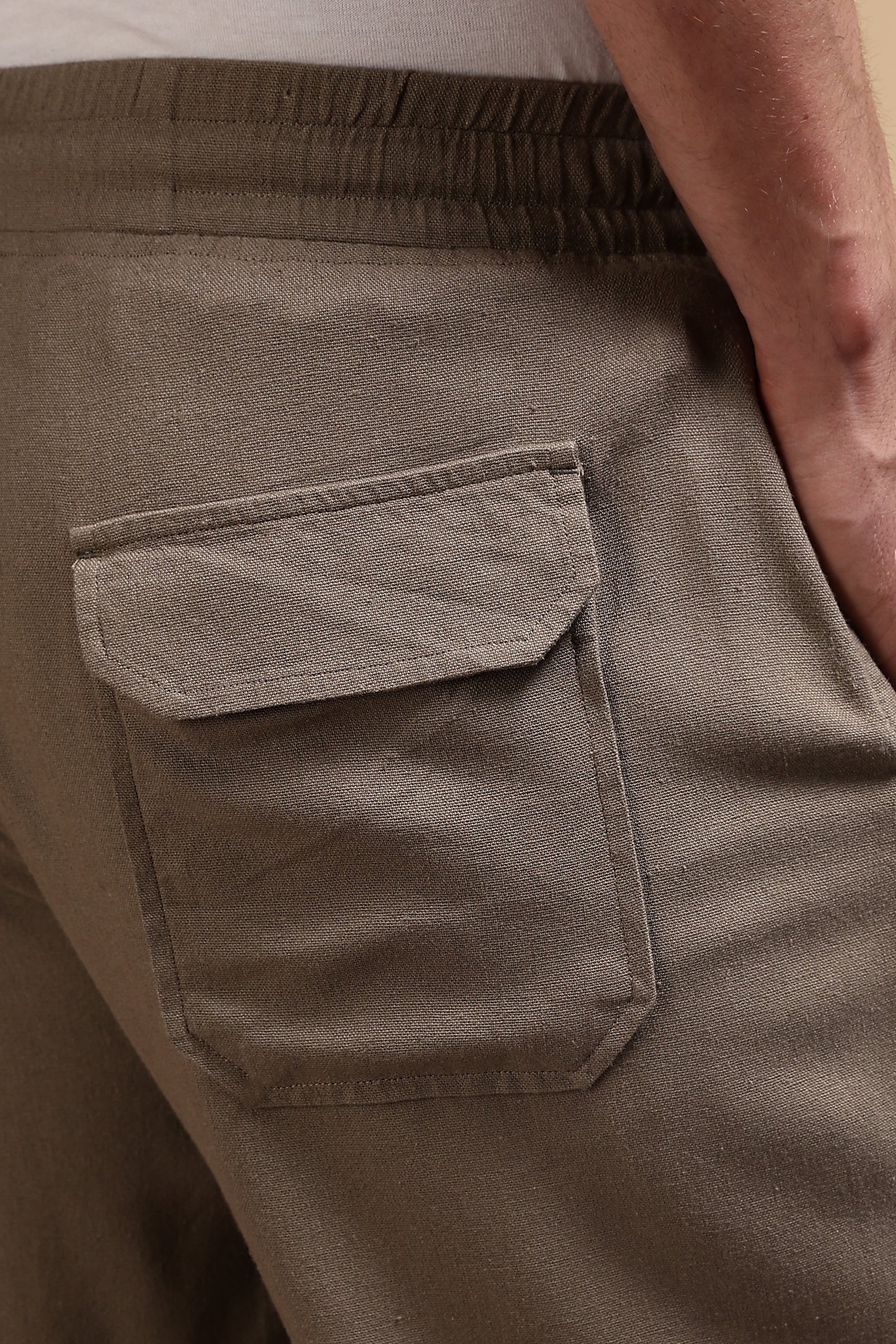 Linen Blend Loose Fit Drawcord Trousers Lt Brown