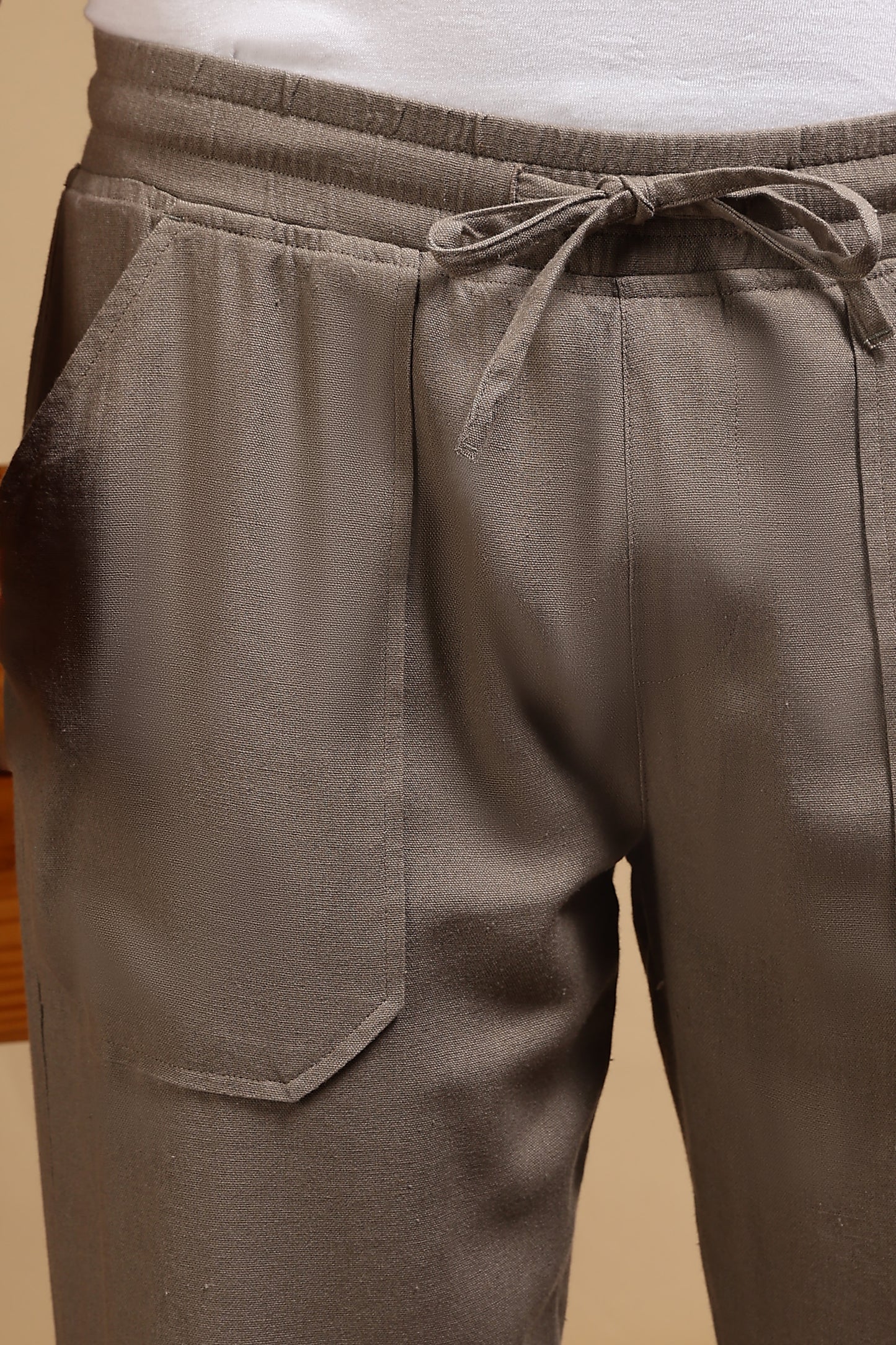 Linen Blend Loose Fit Drawcord Trousers Lt Brown