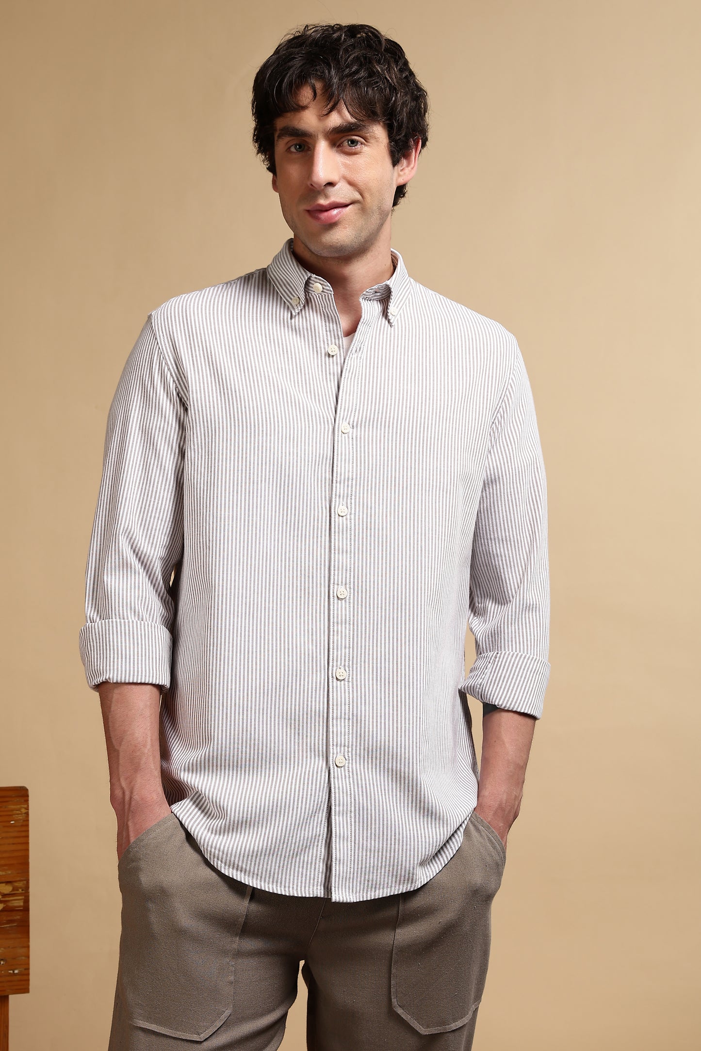 100% Cotton Oxford Slim Fit Striped Shirt Brown