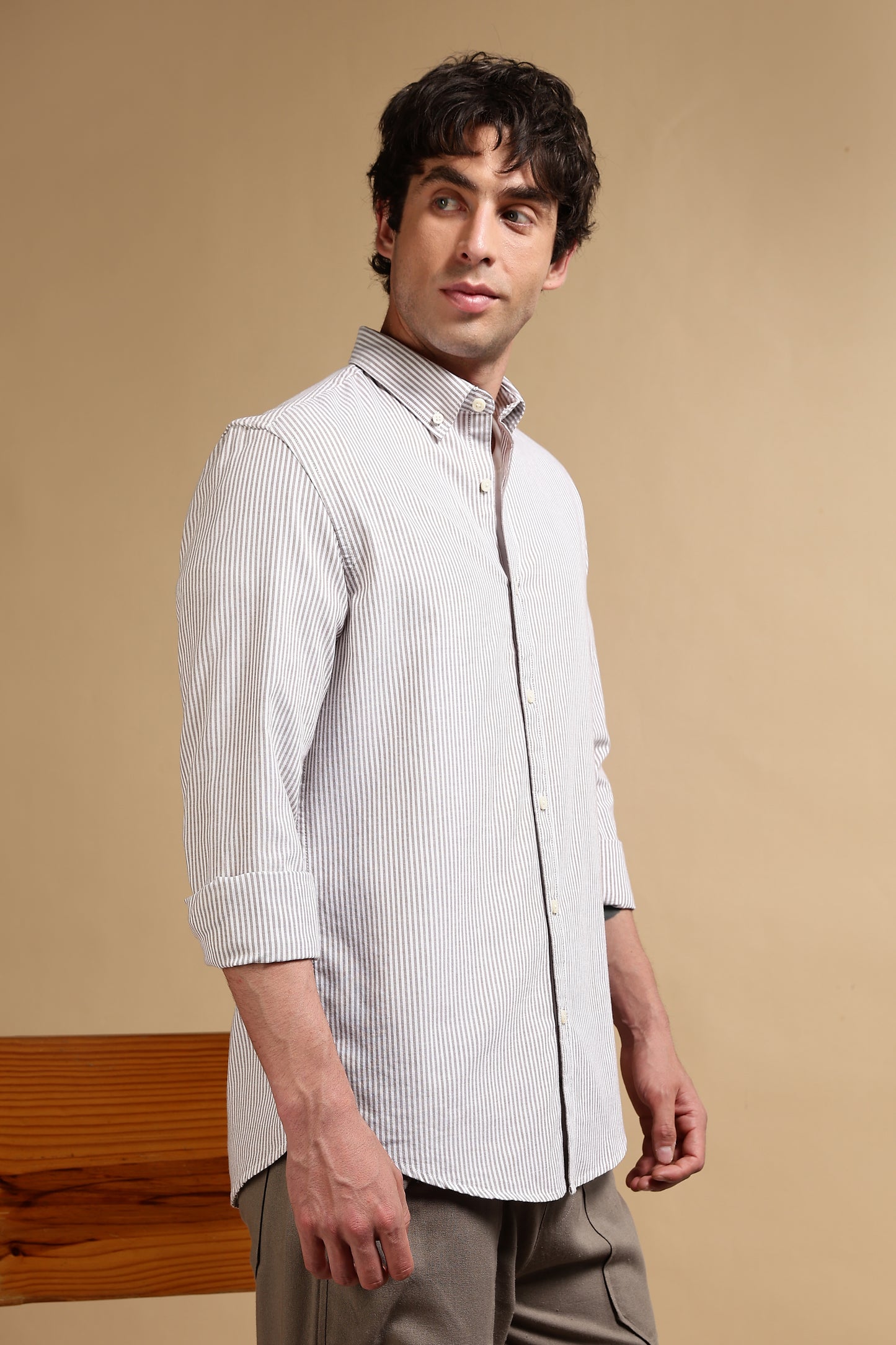 100% Cotton Oxford Slim Fit Striped Shirt Brown