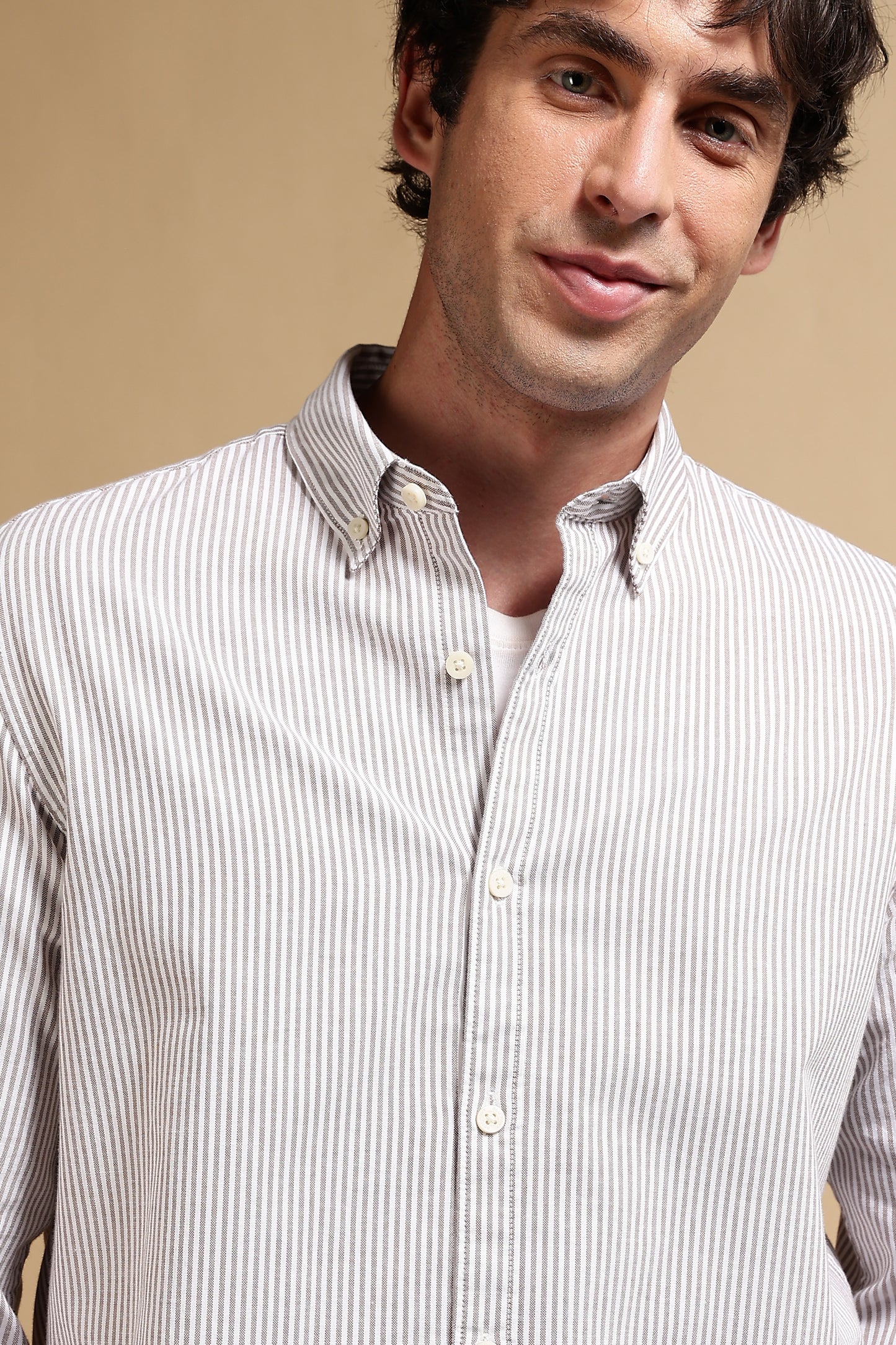 100% Cotton Oxford Slim Fit Striped Shirt Brown