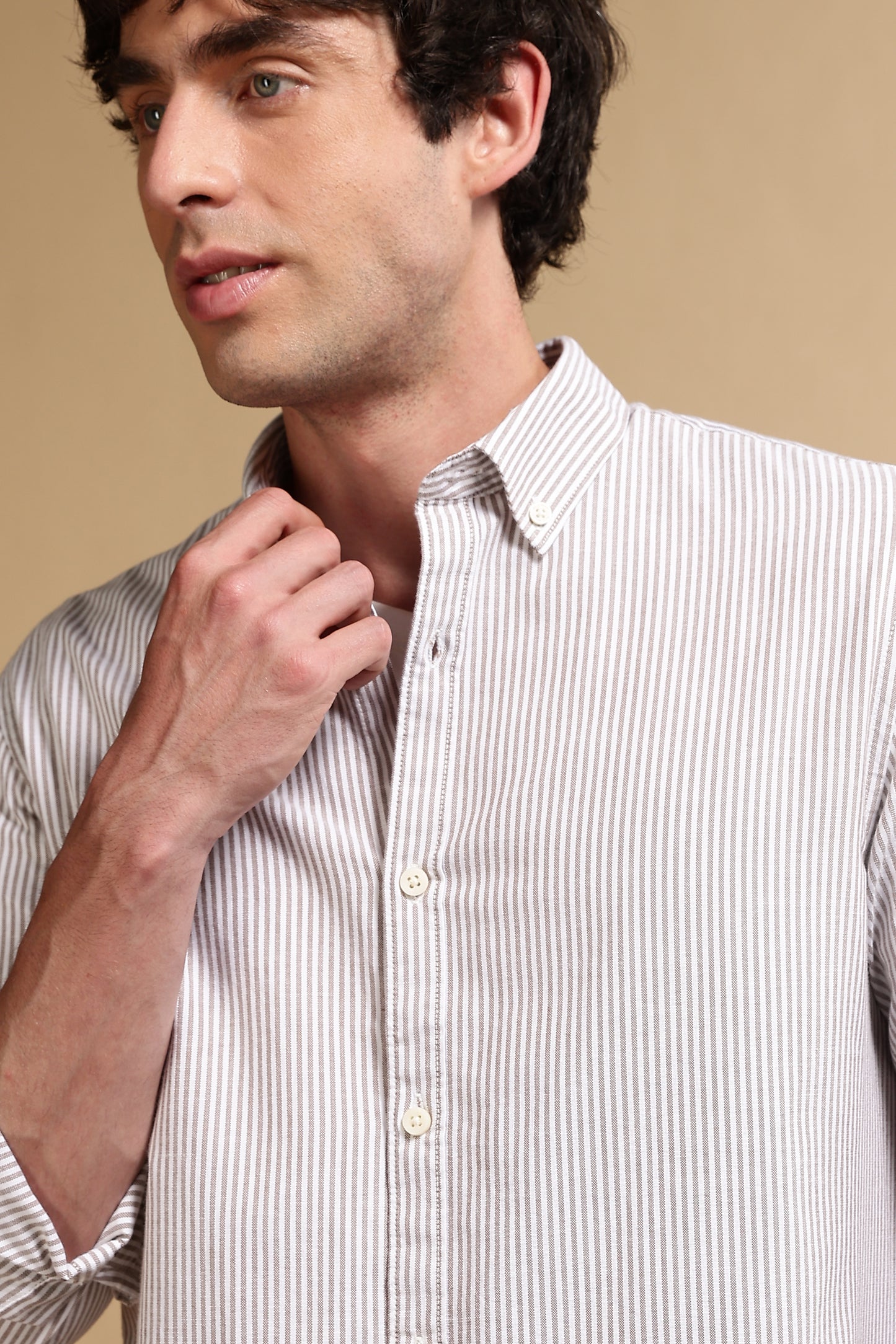 100% Cotton Oxford Slim Fit Striped Shirt Brown