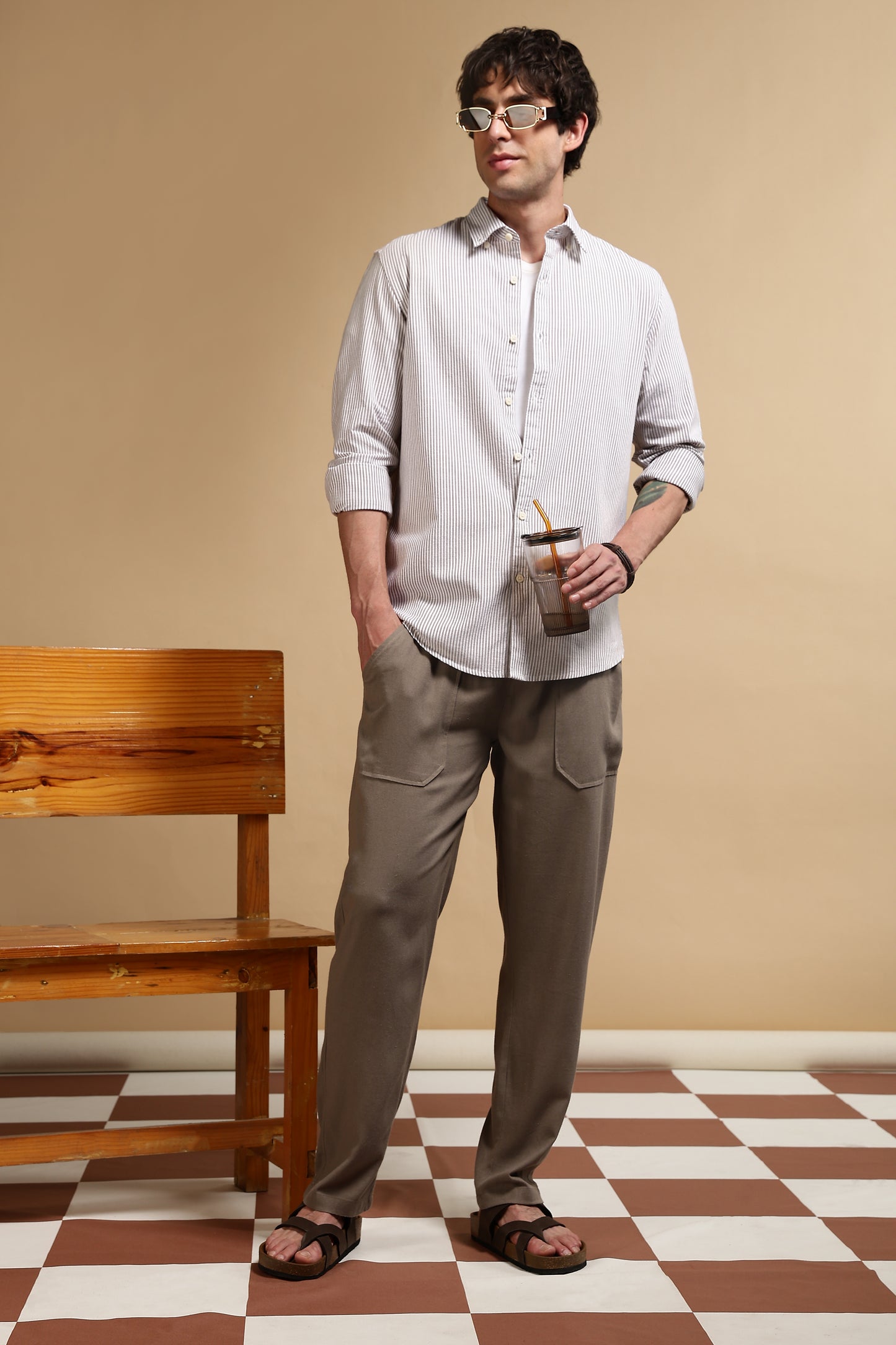 Linen Blend Loose Fit Drawcord Trousers Lt Brown