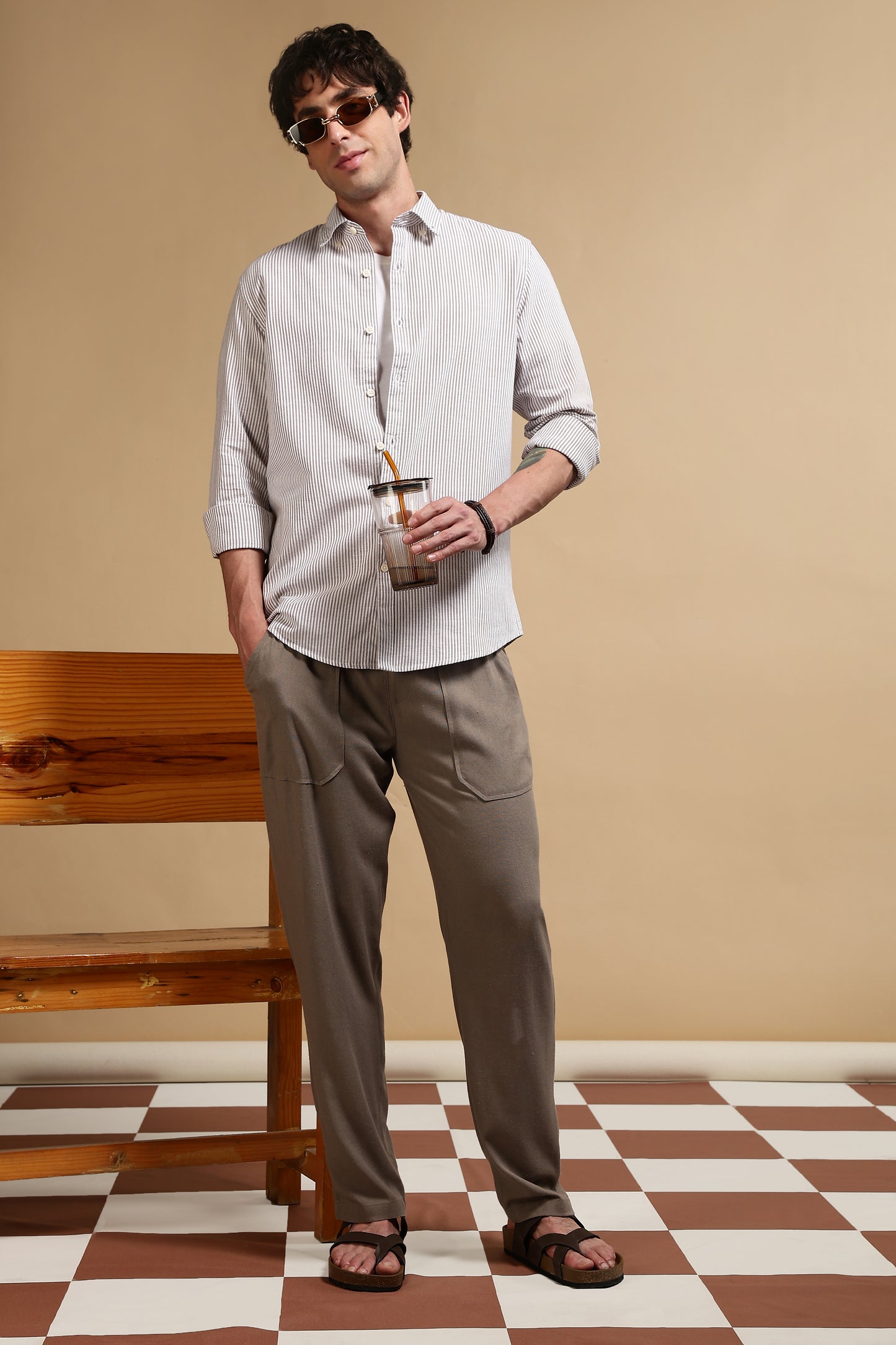 Linen Blend Loose Fit Drawcord Trousers Lt Brown