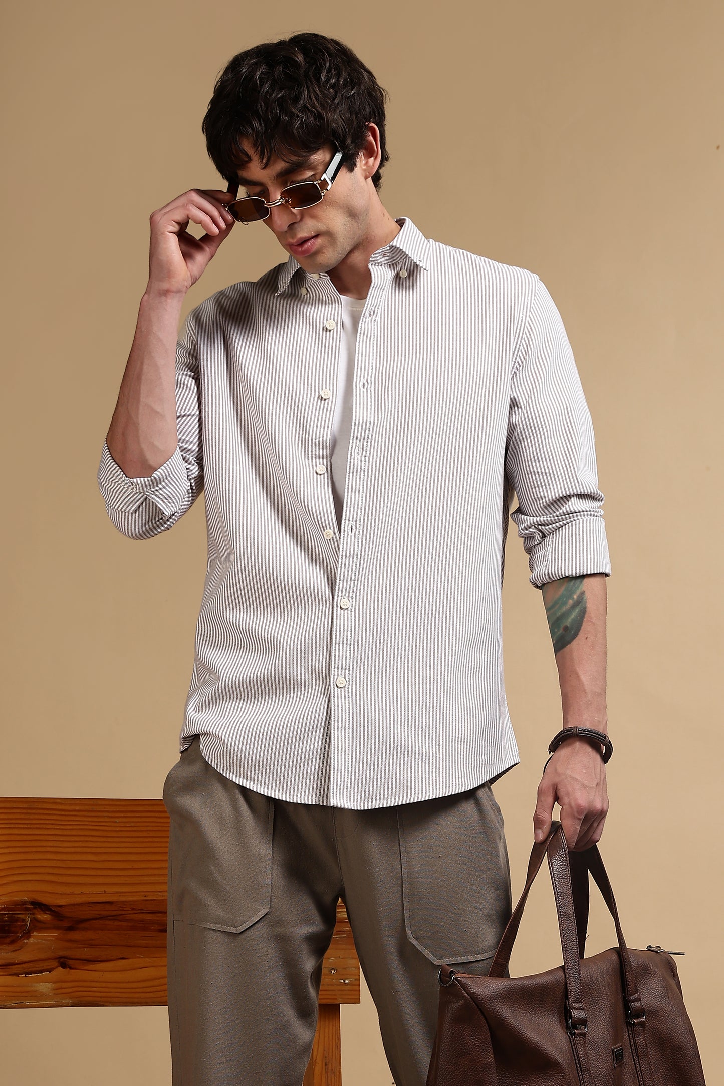 100% Cotton Oxford Slim Fit Striped Shirt Brown