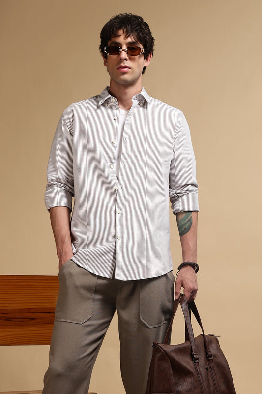 100% Cotton Oxford Slim Fit Striped Shirt Brown