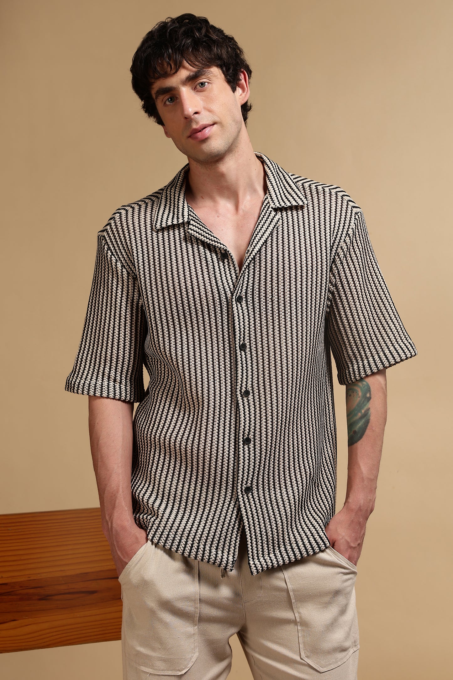 Polyester Relaxed Fit Self-Designed Shirt Cream