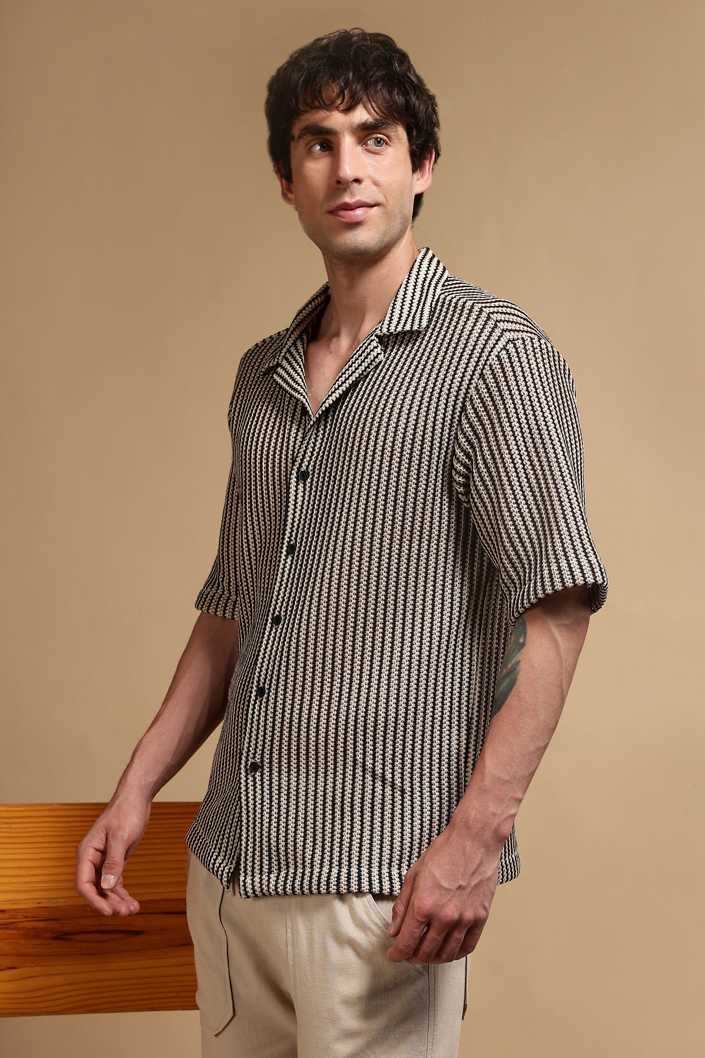 Polyester Relaxed Fit Self-Designed Shirt Cream