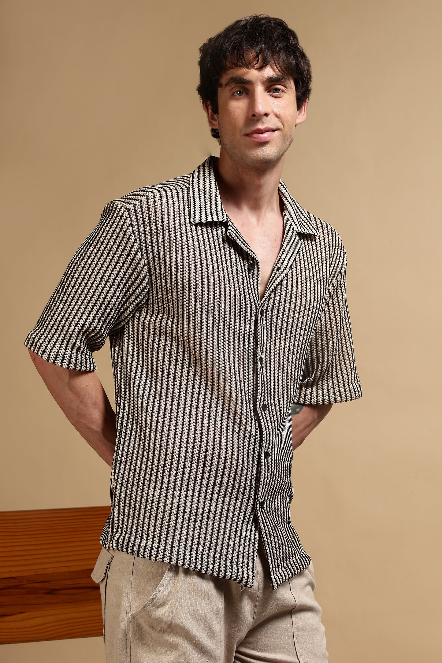 Polyester Relaxed Fit Self-Designed Shirt Cream