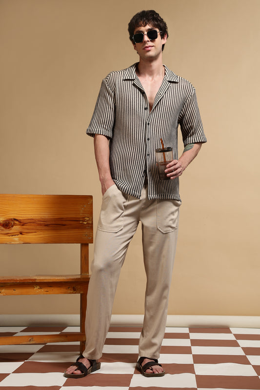 Polyester Relaxed Fit Self-Designed Shirt Cream