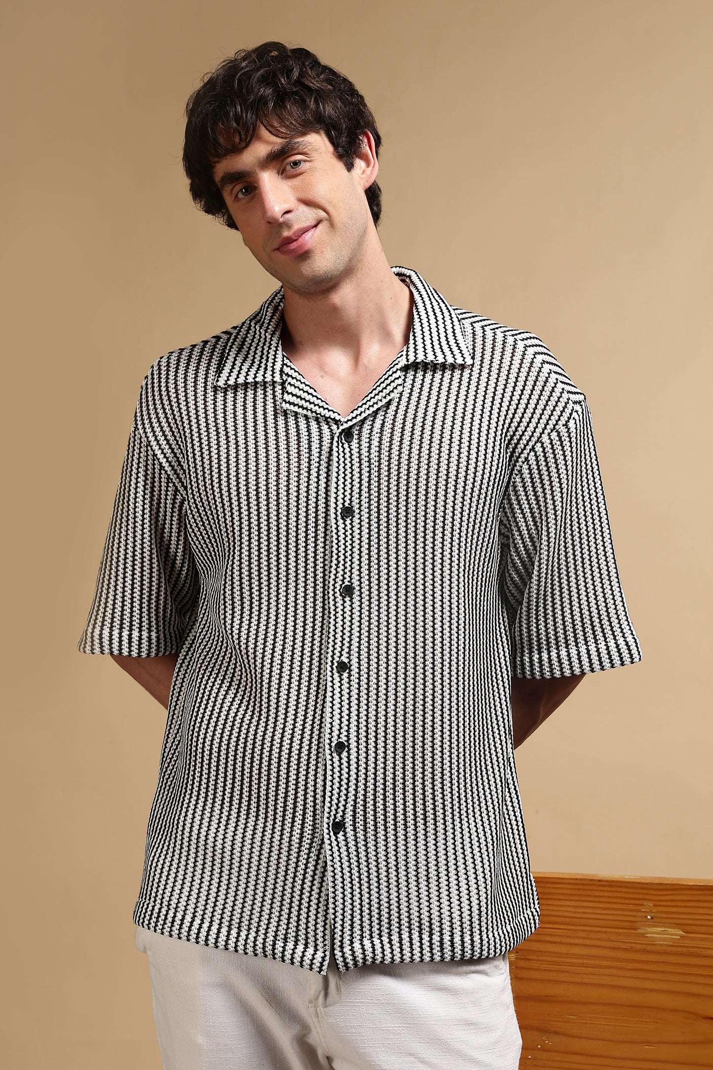 Polyester Relaxed Fit Self-Designed Shirt White