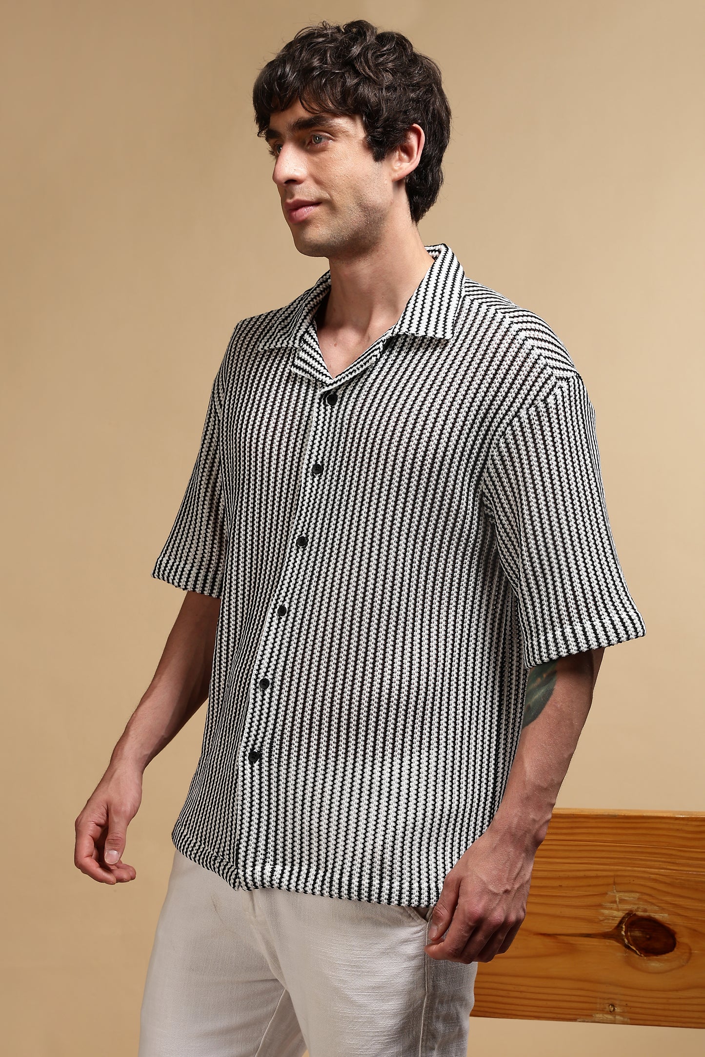 Polyester Relaxed Fit Self-Designed Shirt White