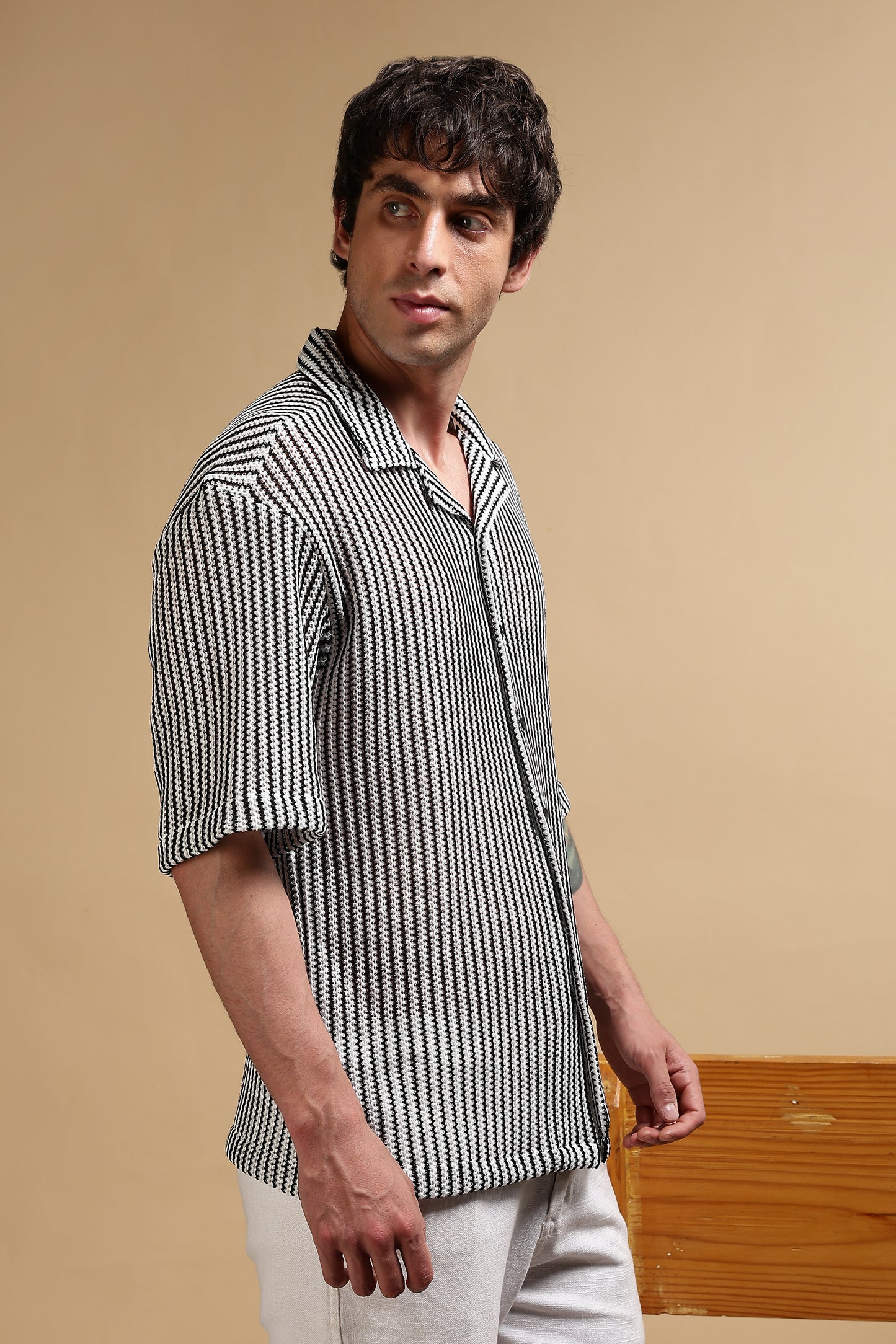 Polyester Relaxed Fit Self-Designed Shirt White