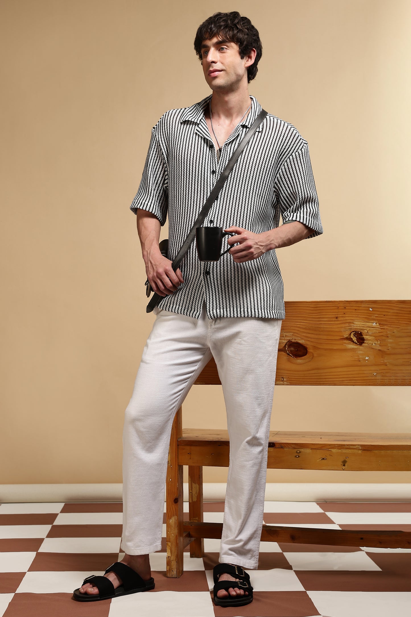 Polyester Relaxed Fit Self-Designed Shirt White