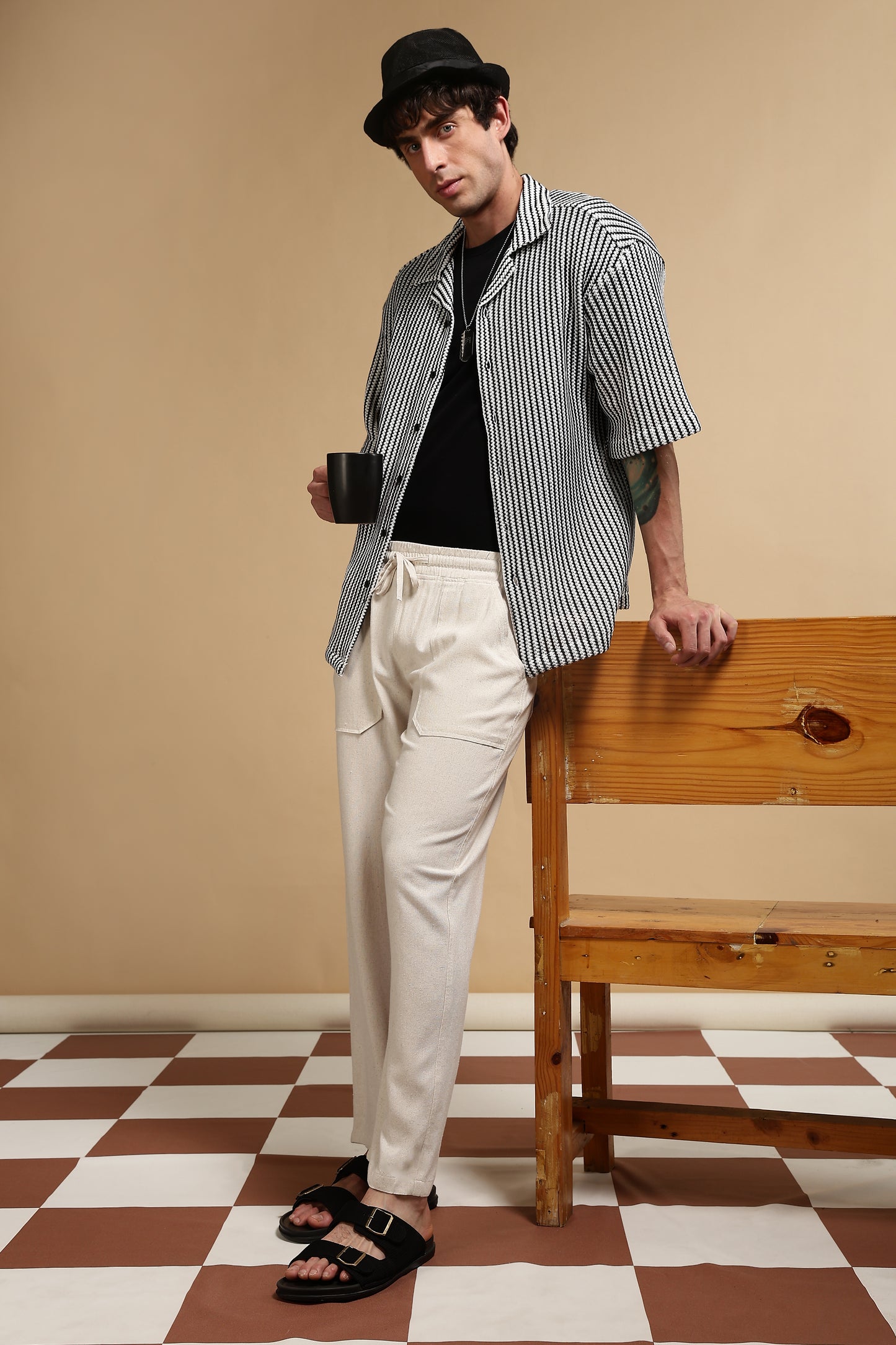 Linen Blend Loose Fit Drawcord Trousers Lt Cream