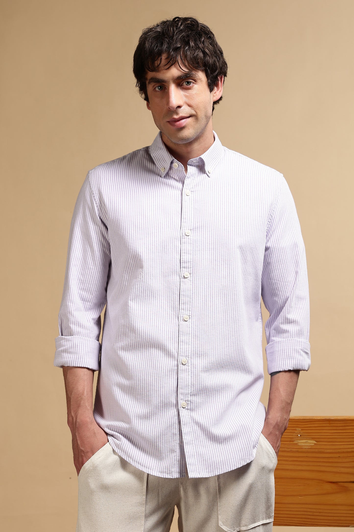 100% Cotton Oxford Slim Fit Striped Shirt Lavender
