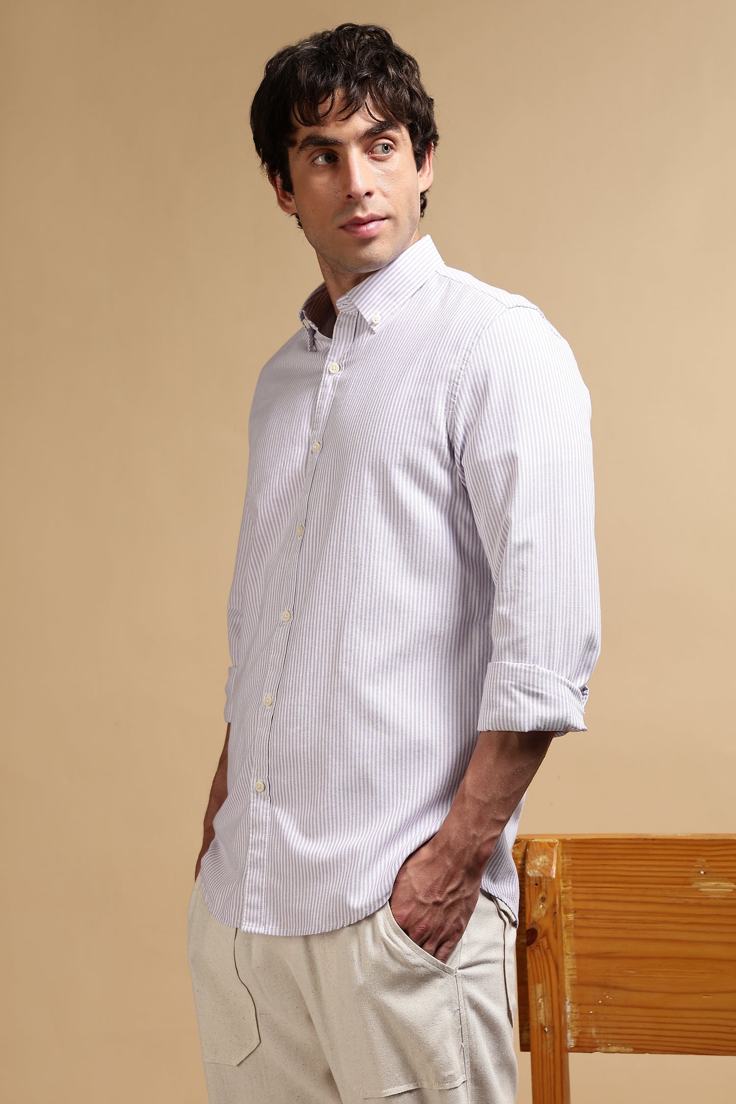 100% Cotton Oxford Slim Fit Striped Shirt Lavender