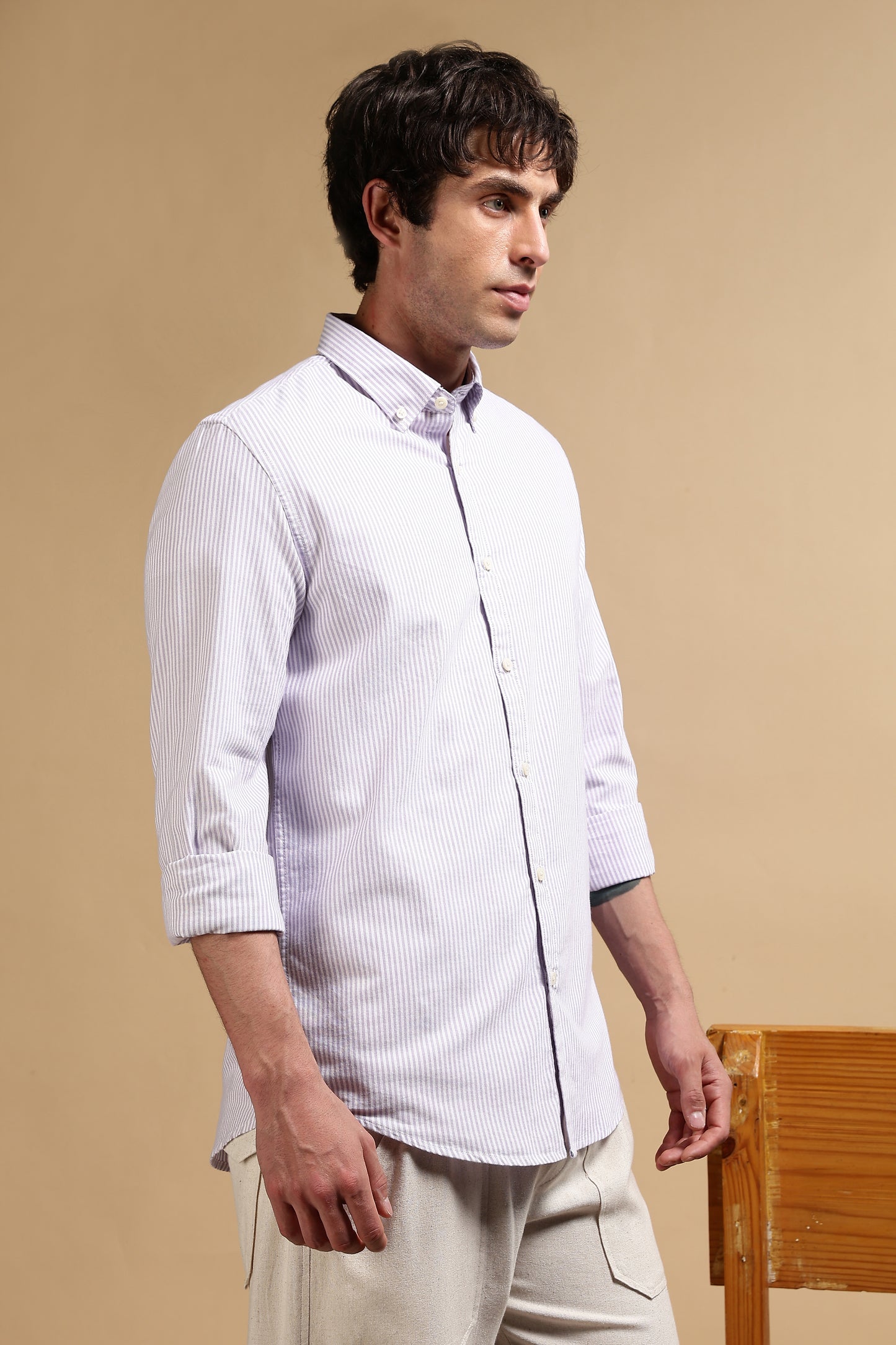 100% Cotton Oxford Slim Fit Striped Shirt Lavender