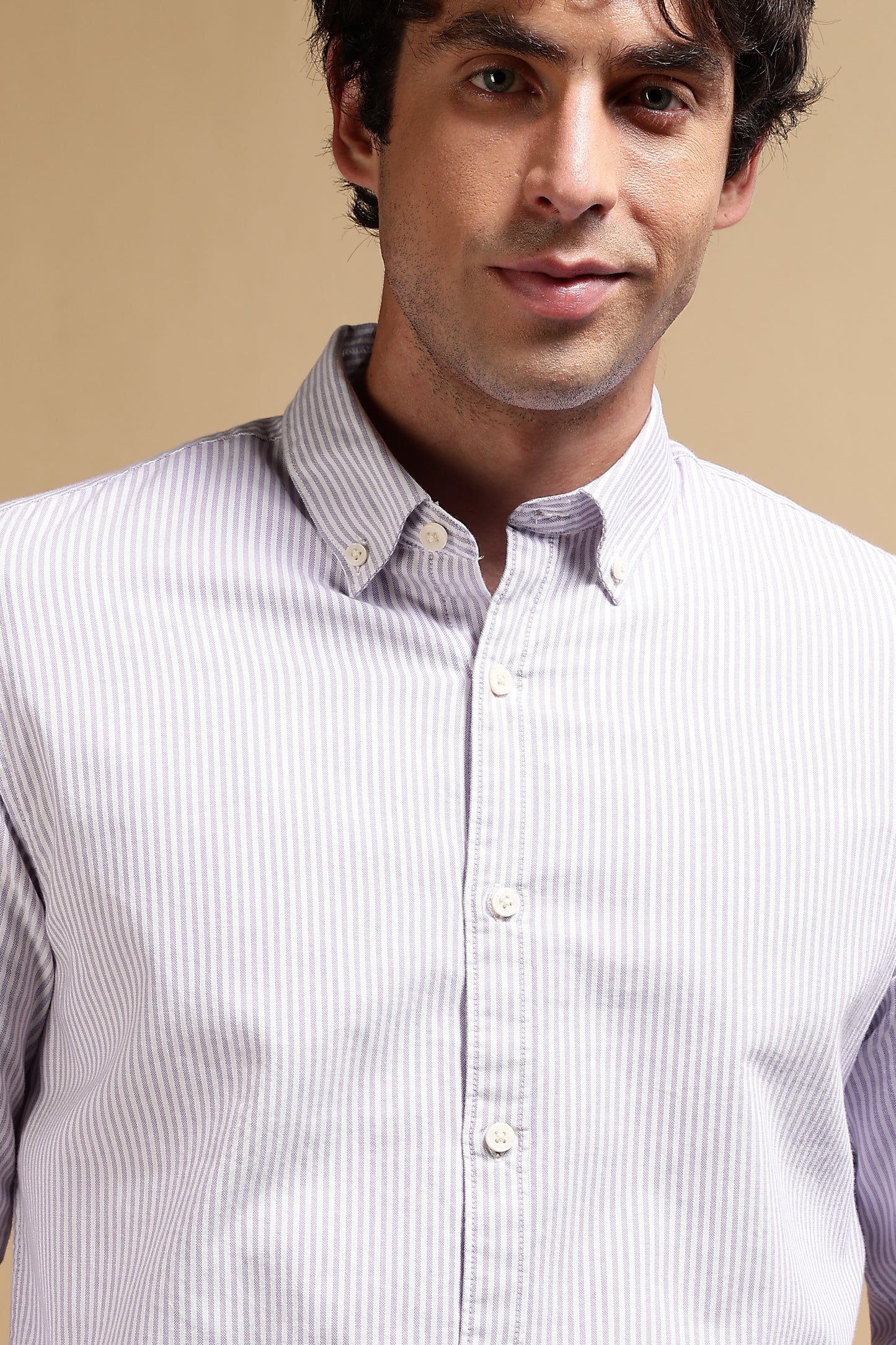 100% Cotton Oxford Slim Fit Striped Shirt Lavender