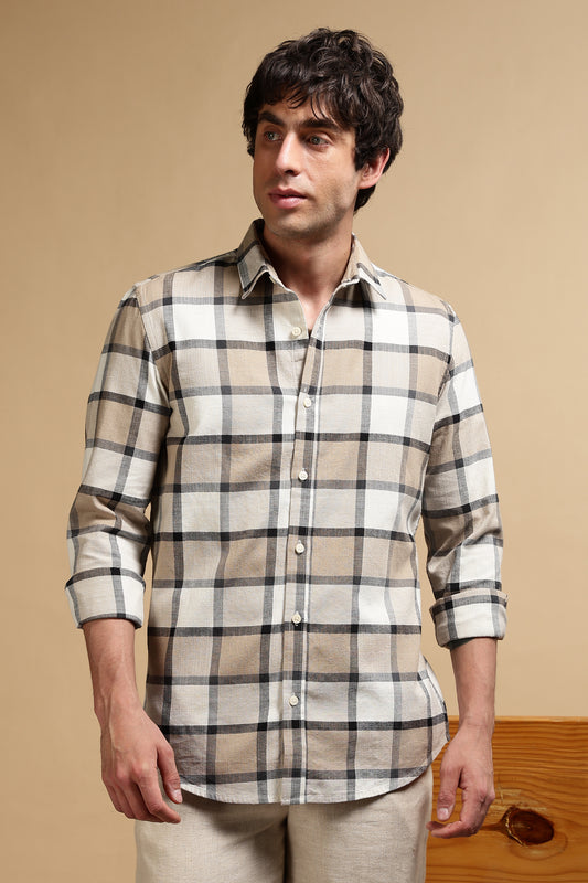 Slim Fit Cotton Check Shirt Cream
