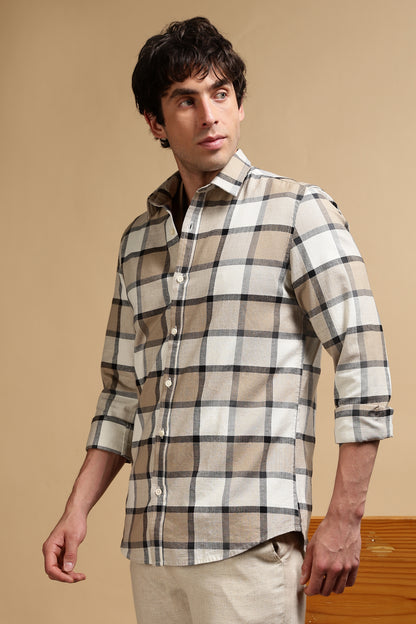 Slim Fit Cotton Check Shirt Cream