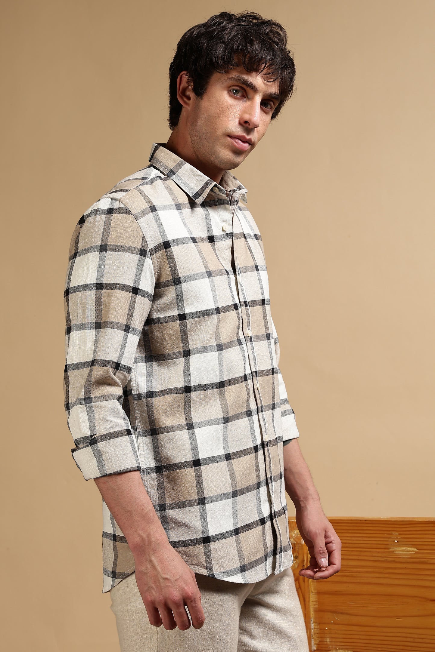 Slim Fit Cotton Check Shirt Cream