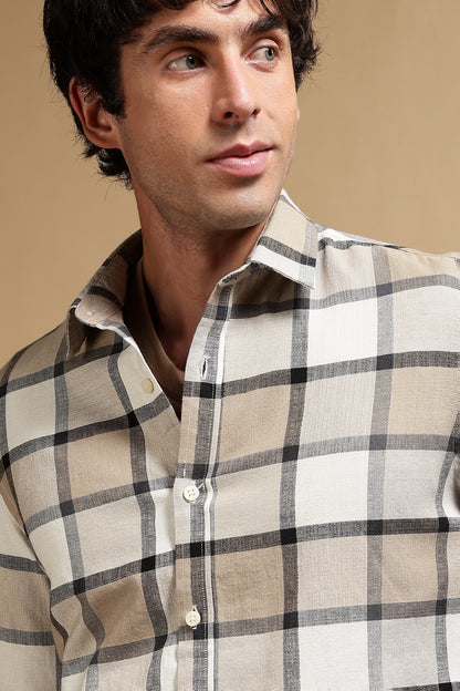 Slim Fit Cotton Check Shirt Cream