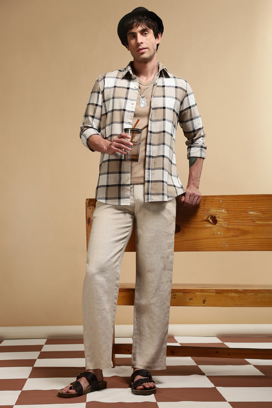 Slim Fit Cotton Check Shirt Cream