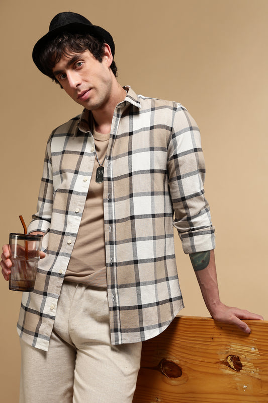 Slim Fit Cotton Check Shirt Cream